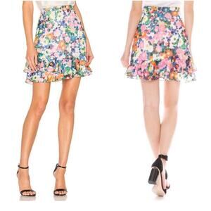 Saloni Cece Floral Print Mini Ruffle Skirt in Pink Rosette Size US 2